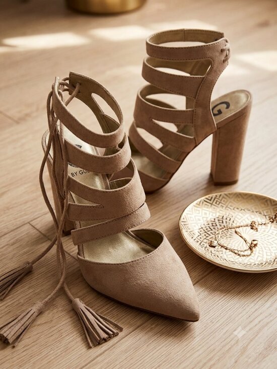 G by Guess Shoes - G by Guess Tan Faux Suede Lace Up Tassel Block Heel Pumps Size 7